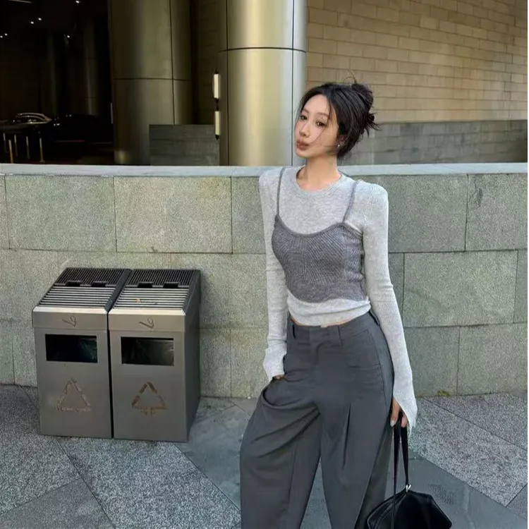 设计感别致撞色假两件内搭长袖针织衫女冬季小众修身短款打底上衣