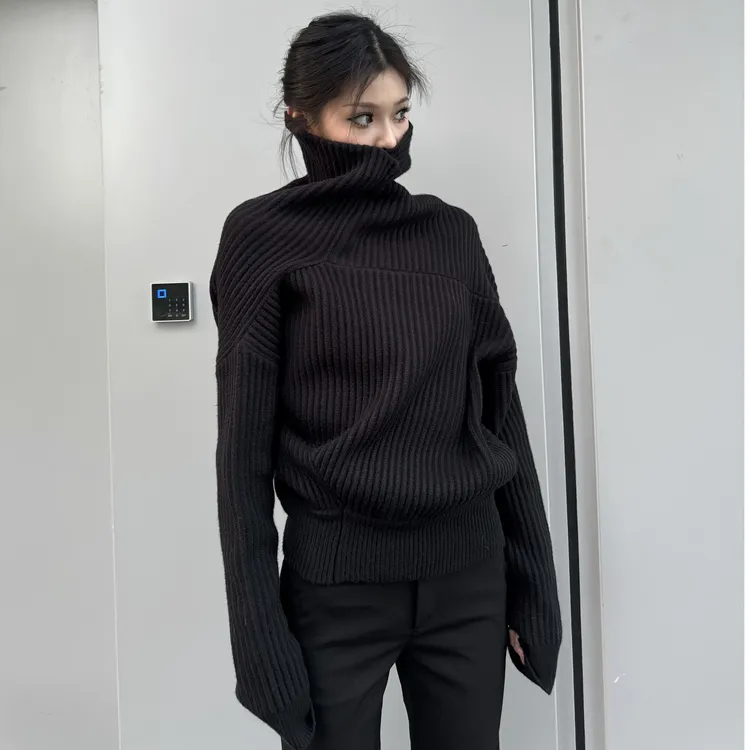 2025秋季新款时尚针织长袖上衣气质显瘦慵懒风洋气百搭高领黑色