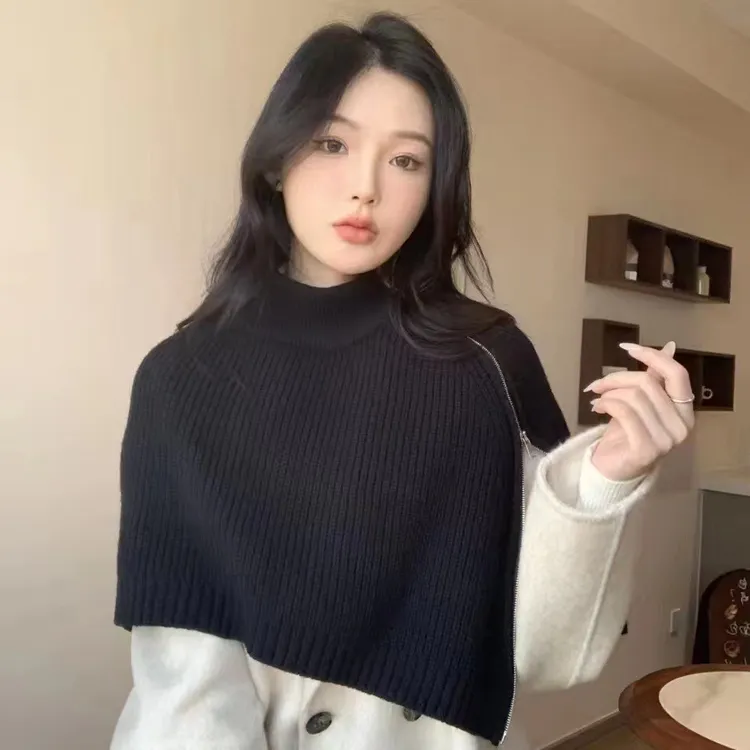 韩版东大门2023春秋新款时尚斜拉链不规则开叉半高领针织披肩女潮
