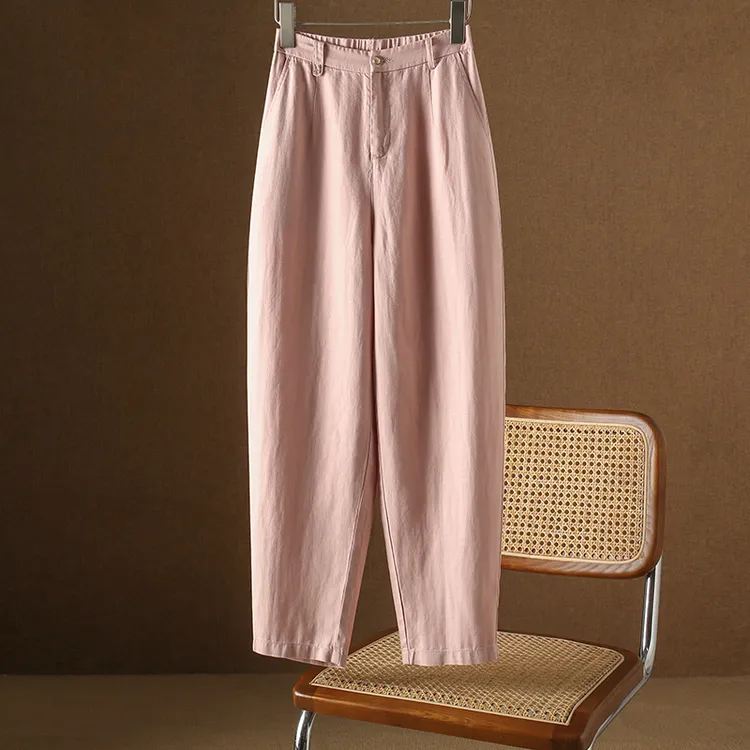 天丝亚麻裤女2024夏季薄款高腰九分裤妈妈棉麻裤子小脚萝卜哈伦裤