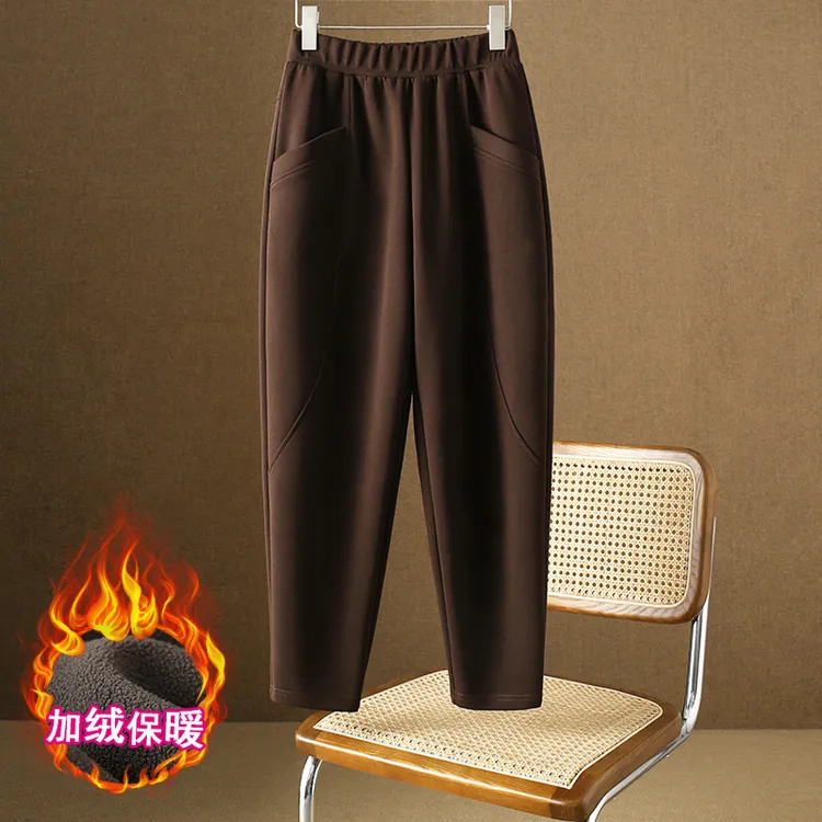 秋冬加绒加厚哈伦裤女士休闲高腰显瘦大码宽松九分裤子保暖萝卜裤