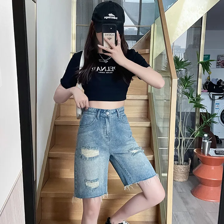 牛仔短裤女破洞夏季2023新款五分裤显瘦高腰直筒裤小个子6631#