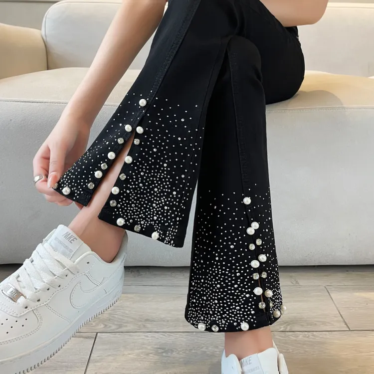 6632#高腰开叉微喇牛仔裤女装修身时尚显瘦秋弹力喇叭裤女春秋