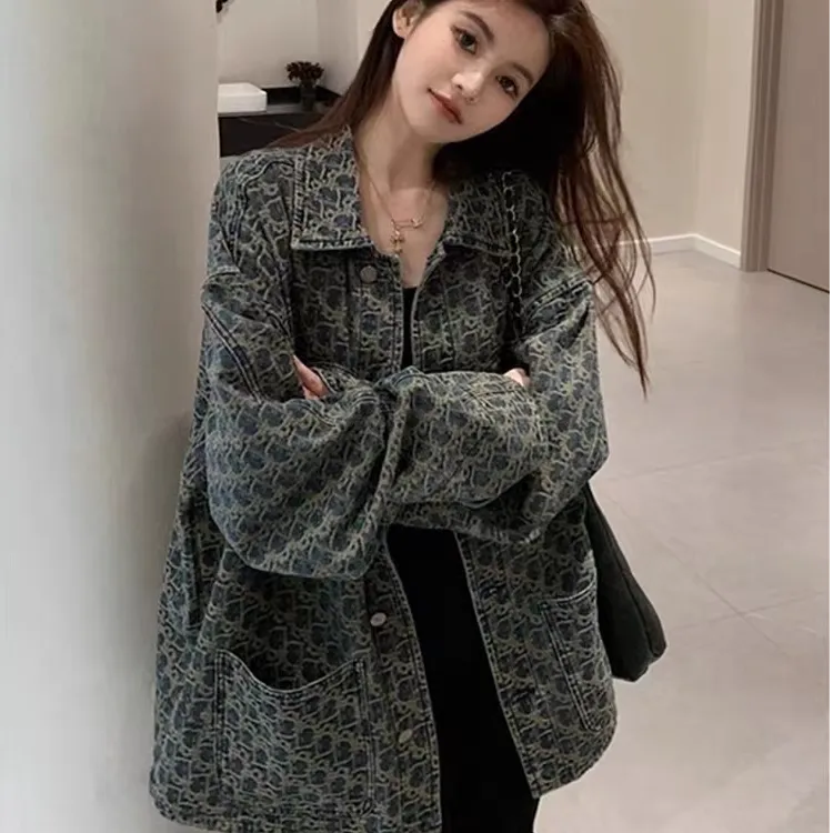 2025春秋新款高级感满印提花牛仔外套女甜酷辣妹风复古慵懒感夹克