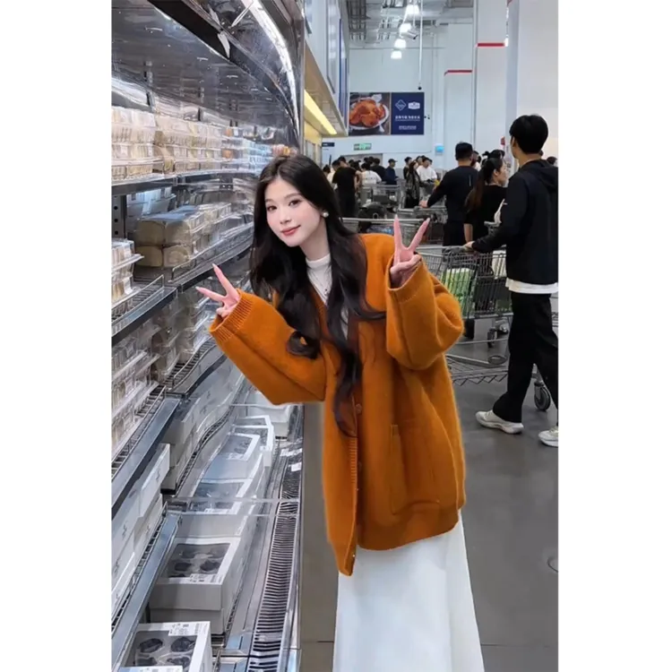 【南瓜假日】慵懒风百搭针织重磅气质开衫毛衣休闲橘色上衣女装