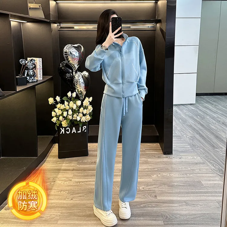 欧货减龄网红炸街时尚显瘦运动休闲套装加绒立领卫衣卫裤两件套女