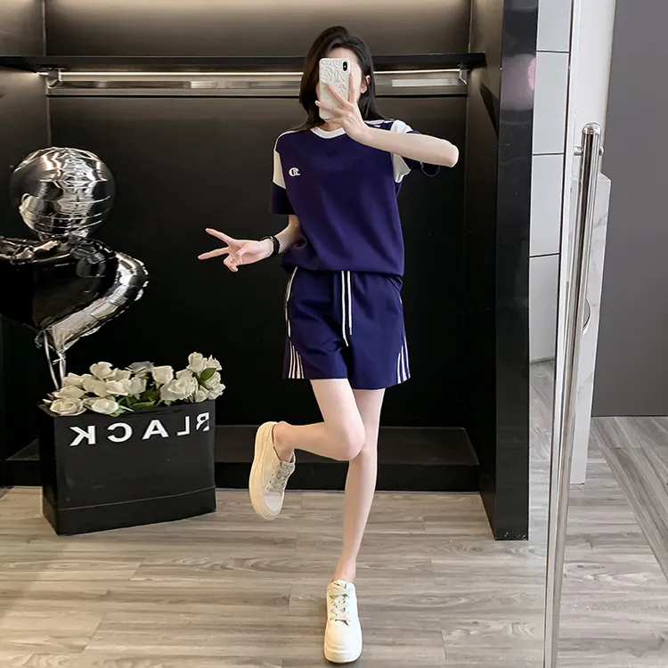 休闲运动女装网红炸街2025年夏季新款韩版拼色短袖短裤宽松套装