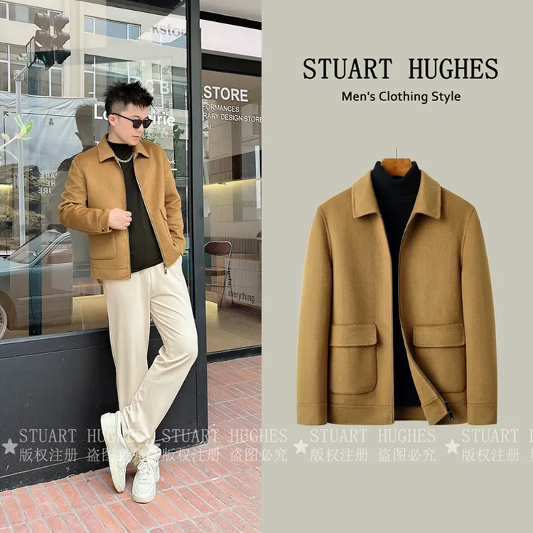 秋冬100羊毛双面呢羊毛夹克宽松休闲男外套小个子百搭翻领
