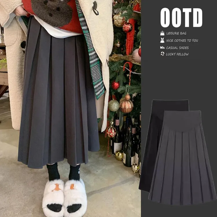 孕妇半身裙秋冬外穿韩版中长款半裙高腰显瘦托腹百褶a字伞裙春秋