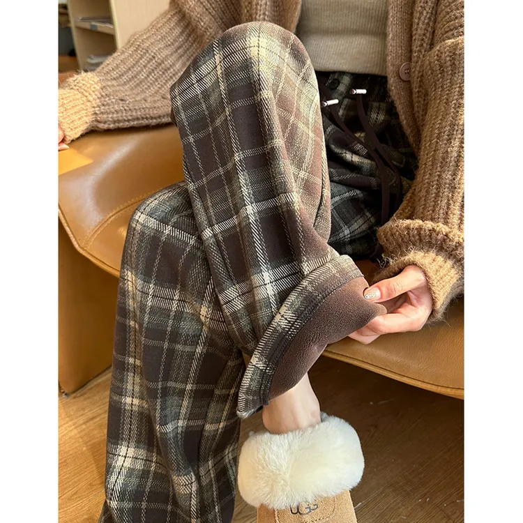 高个子辣妈孕妇裤子春秋外穿加绒加厚加长直筒格子阔腿裤长裤秋冬