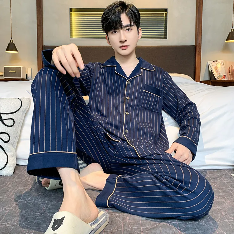双面加厚纯棉睡衣男士秋款长袖长裤高级感春秋冬季全棉家居服套装