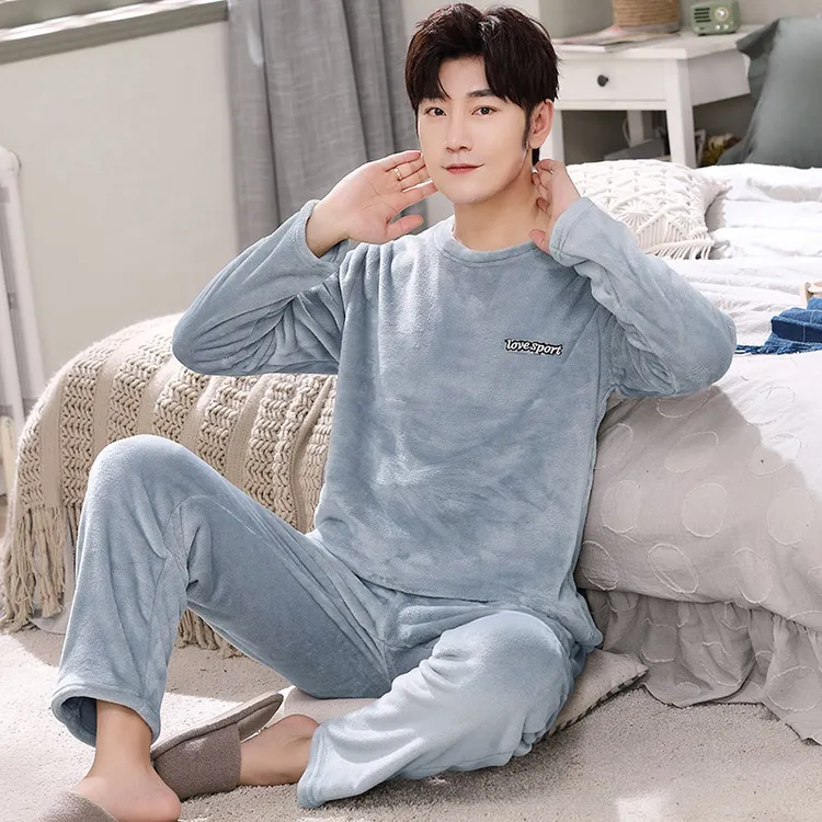 法兰绒睡衣男秋冬款加厚加绒冬季保暖珊瑚绒大码家居服套装可外穿