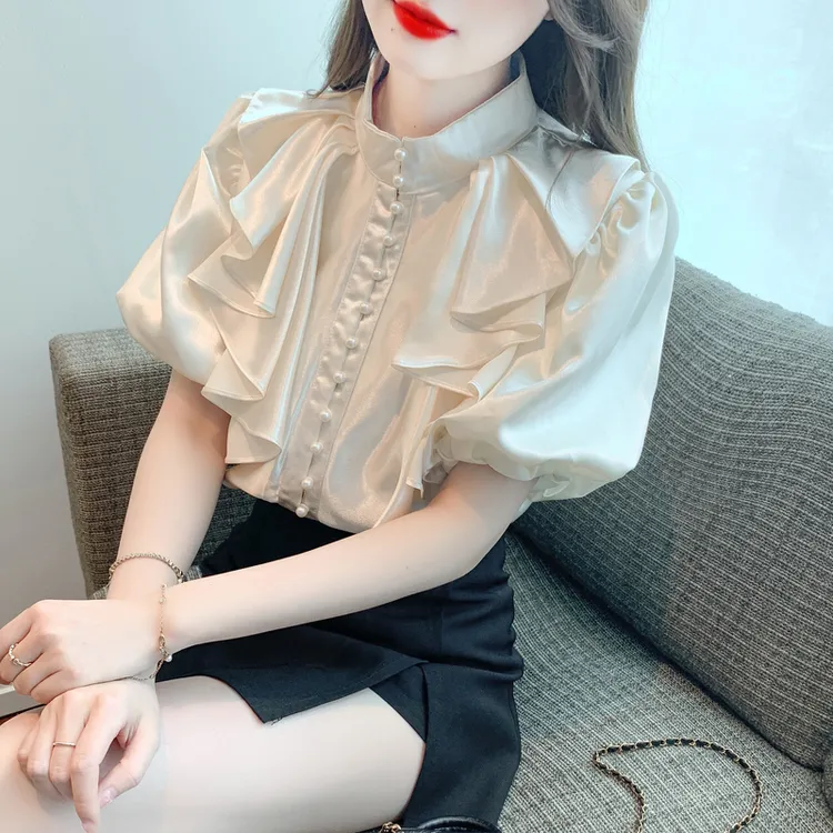 雪纺衬衫女士上衣夏季2024年新款高级感短袖法式衬衣泡泡袖显瘦春
