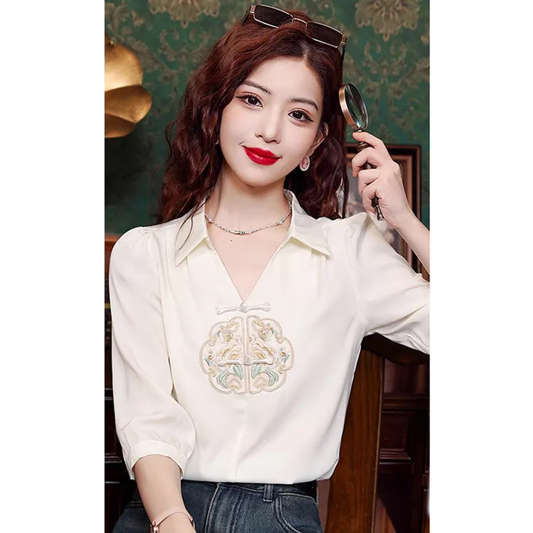 新中式短袖缎面衬衫女2025新款夏季国风上衣搭配马面裙高级感衬衣