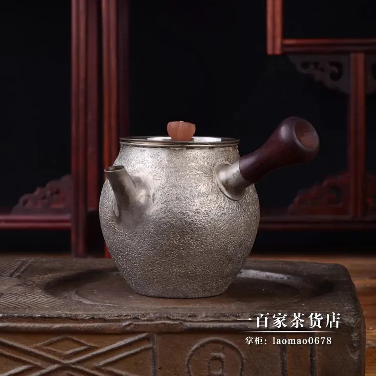 银侧把泡茶壶古朴雅致日式木手柄锤纹纯手工一张打银茶壶茶具