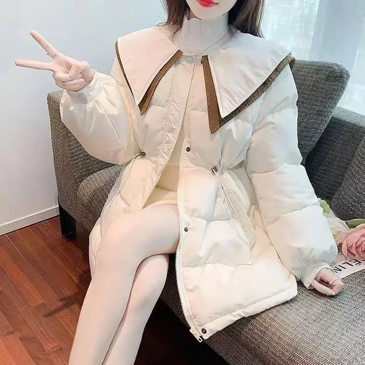 2025加厚新款韩系小个子海军领棉服女中长款收腰娃娃领冬季外套潮