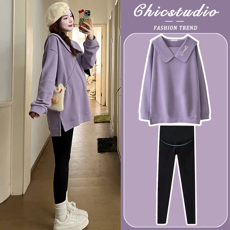 孕妇秋装韩版小清新时尚洋气时髦紫色娃娃上衣卫衣2024新款春秋女