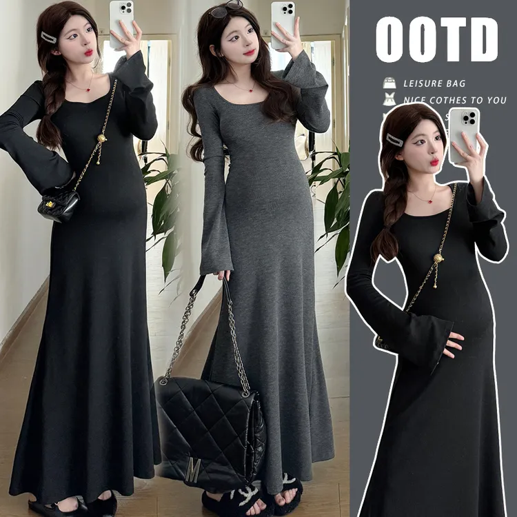 孕妇秋装2025时尚连衣裙秋冬内搭显瘦设计感微喇叭袖孕妇裙弹力潮