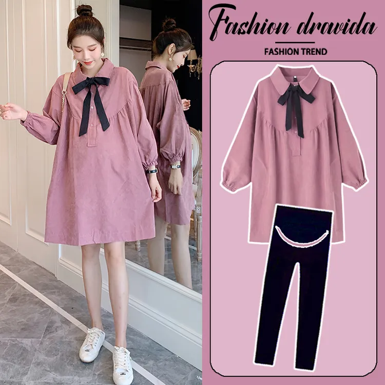 孕妇春装衬衫中长款长袖连衣裙2024新款上衣遮屁股小个子春秋裙子