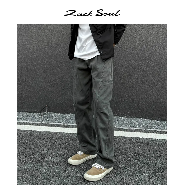 Zack校长 口袋衔缝直筒高街工装裤复古水洗伐木裤休闲美式百搭