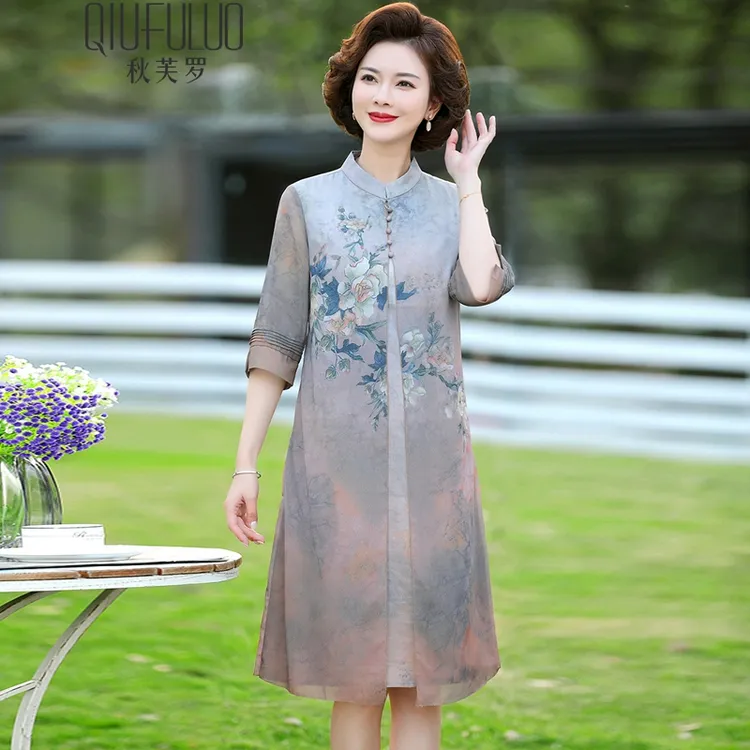 中年妈妈装夏季国风中长款时尚气质连衣裙夏装中老年女装裙子