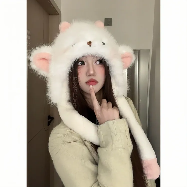 冬季新款无辜小羊咩咩毛绒绒帽子耳朵会动可爱呆萌加厚保暖护耳帽