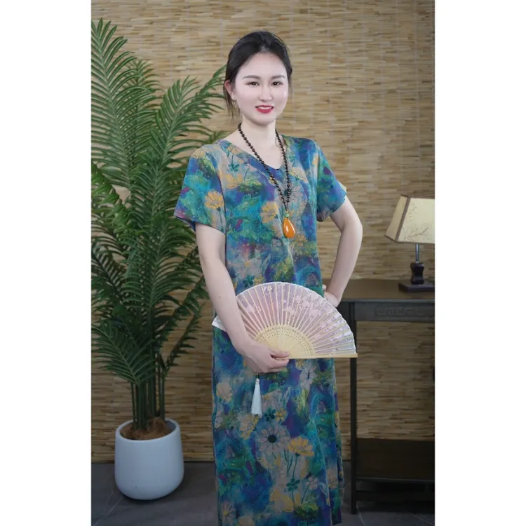 2058号中老年时尚妈妈装夏季新款短袖印花宽松大码显瘦气质连衣裙