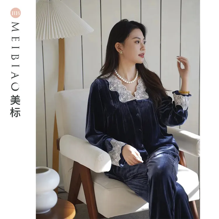 美标100%桑蚕丝19姆米秋冬高端真丝绒情侣套装家居服睡衣100145