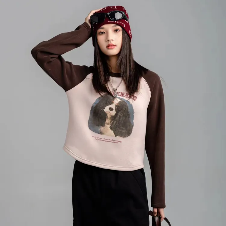 贝嘉尚加绒圆领卫衣，长袖，时尚，秋冬，修身，百搭，溜肩