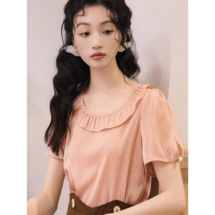 安妮陈竖纹荷叶领宽松遮肚子雪纺衫通勤气质女夏独特漂亮小衫上衣