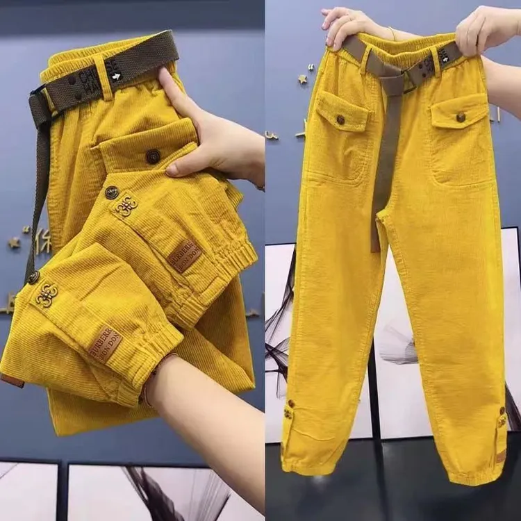 秋冬爆款灯芯绒哈伦裤女高腰宽松显瘦束脚灯笼裤萝卜裤腰带休闲裤