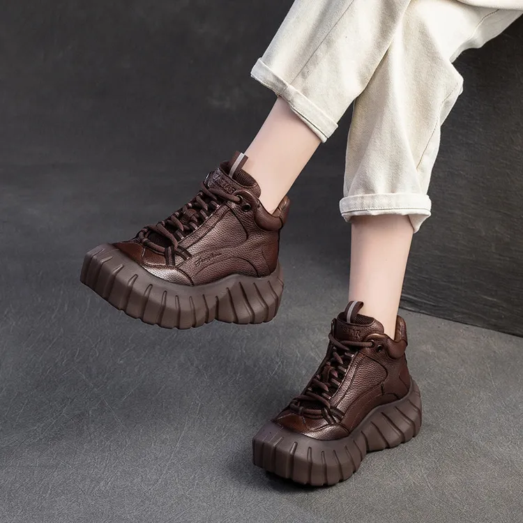 真皮短靴女2025春秋新款增高厚底百搭软牛皮单靴圆头高帮休闲女鞋