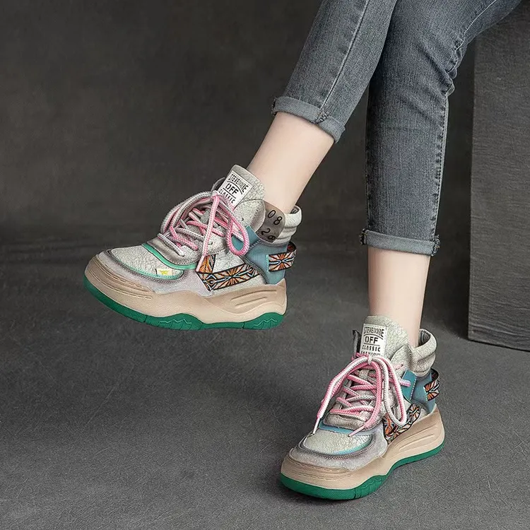 真皮老爹鞋撞色马丁靴高帮女鞋复古休闲鞋厚底松糕靴头层牛皮短靴