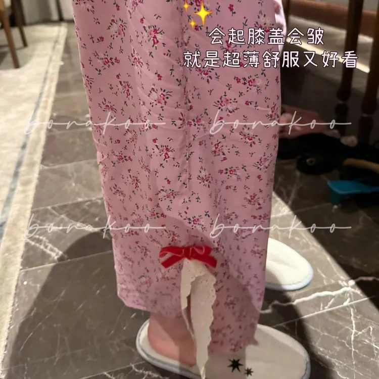 【BORAKOO】多色碎花蝴蝶结底边开叉家居裤