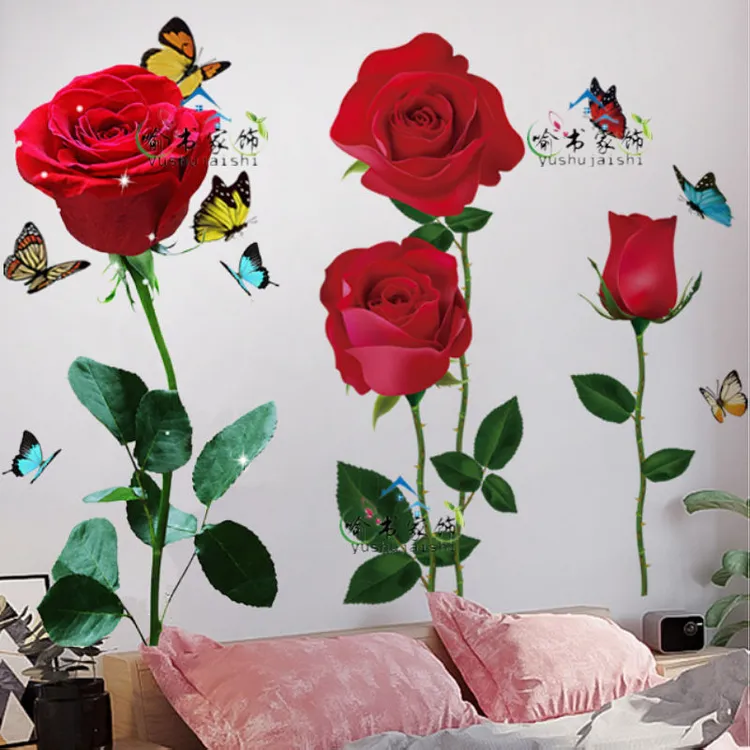 防水墙贴玫瑰花朵贴花客厅粘贴床头装饰墙贴画浪漫红玫瑰粘贴贴纸