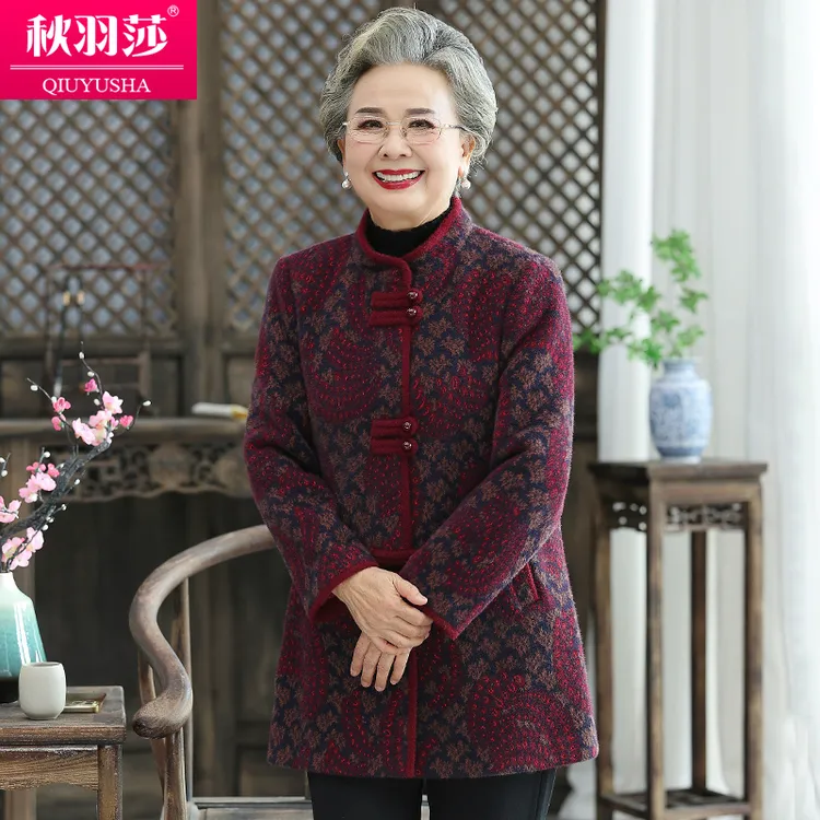 中老年女装秋装中长款外套老年人冬装女奶奶毛呢外套妈妈呢子衣服