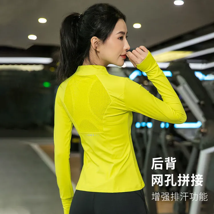 高端锦纶速干运动长袖女2025春季拼网瑜伽健身服上衣半拉晨跑步衫