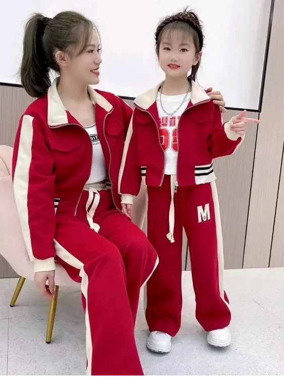 女童亲子装套装拉链极简风春秋常规休闲风套装运动洋气欧若假日风