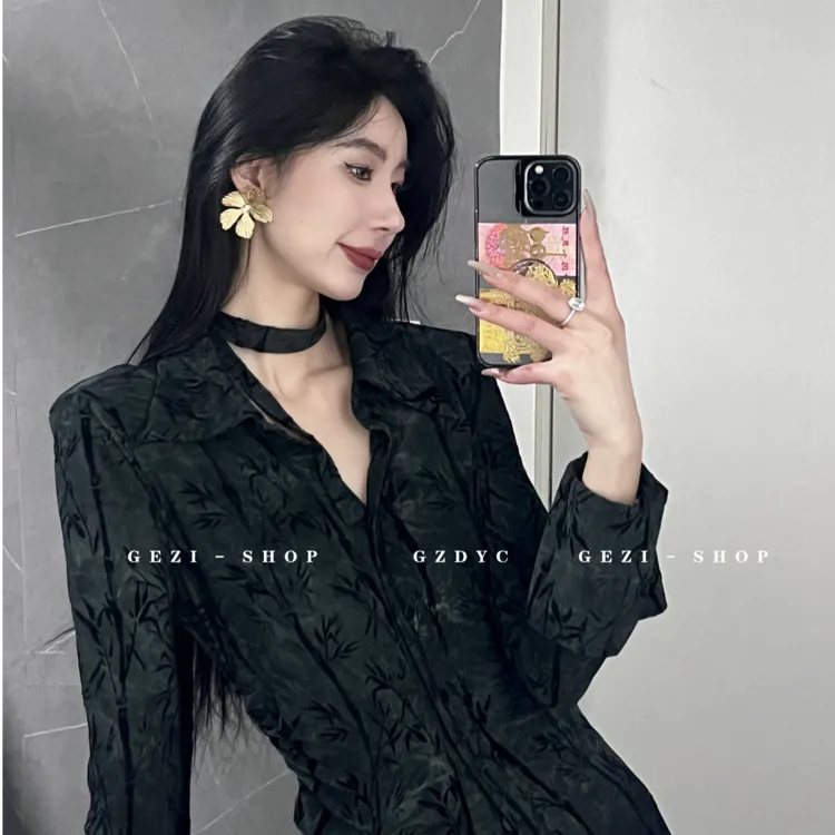 【鸽子的衣橱】苍兰竹 植绒秋上新轻奢收腰气质高级修身高质衬衫