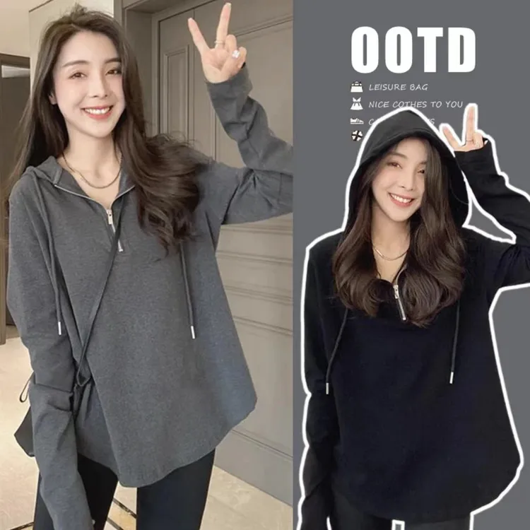 孕妇卫衣春秋款新款上衣拉链时尚洋气春秋季百搭连帽宽松休闲上衣