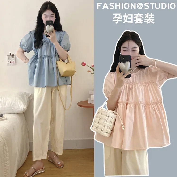 【小姿家】孕妇装夏季2025新款韩版泡泡袖衬衫短袖孕妇上衣娃娃衫
