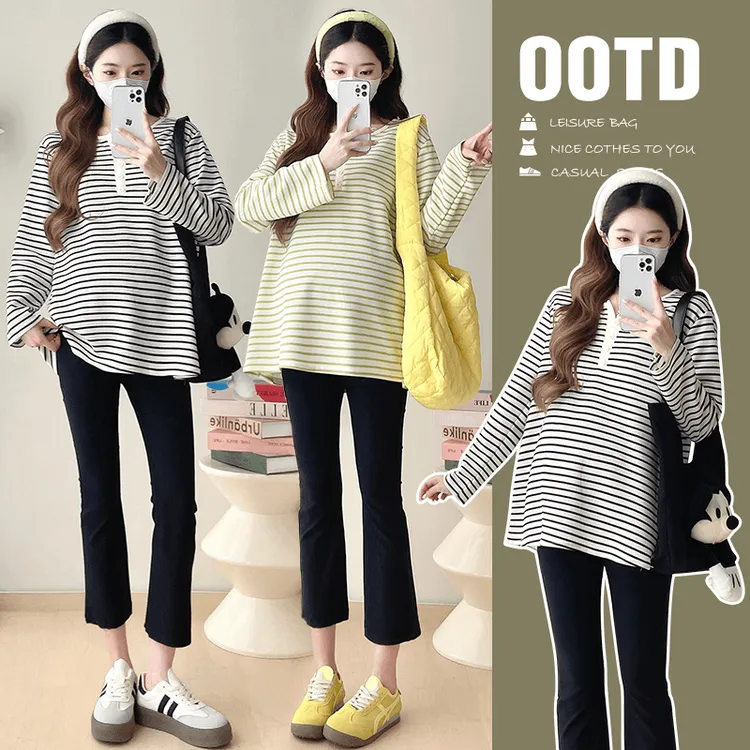 孕妇秋装上衣遮肚子2025新款不显怀宽松春秋衣服女条纹T恤春秋款