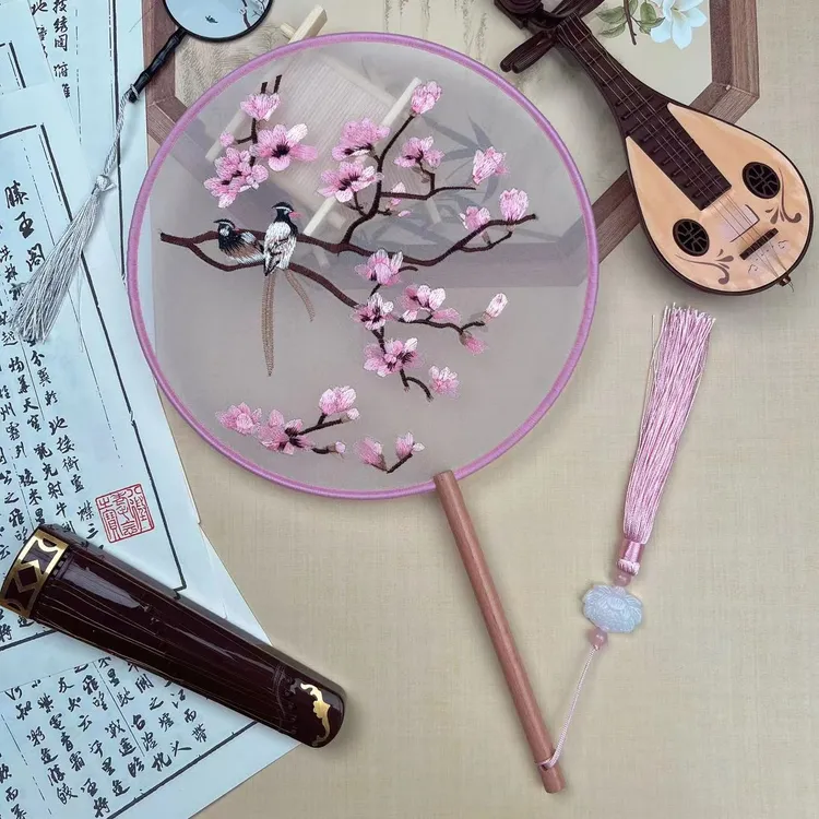 【十里桃花】绕丝刺绣团扇双面绣扇子跳舞走秀拍照当摆件