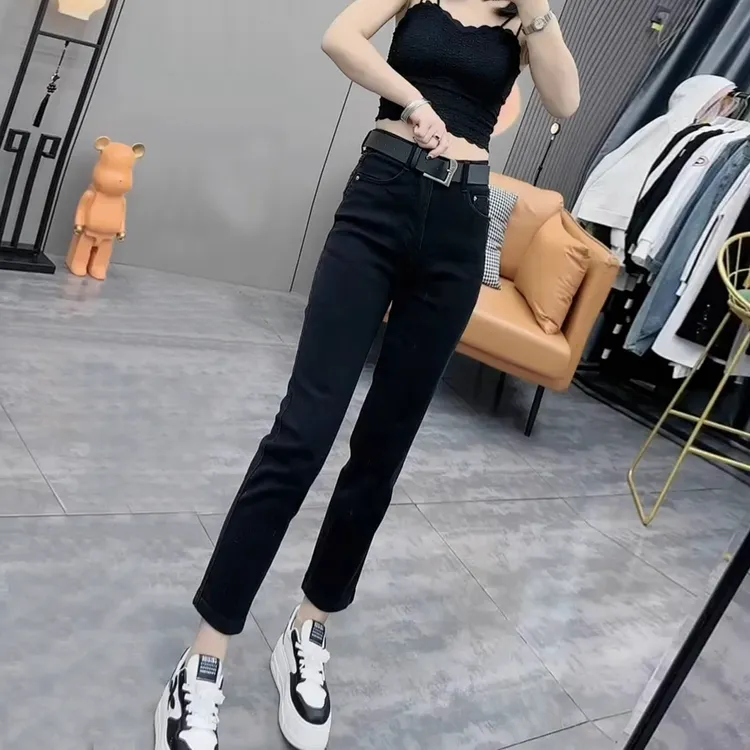 雪千羽黑色烟管牛仔裤女八分小个子2025秋冬季窄版烟管直筒裤加绒