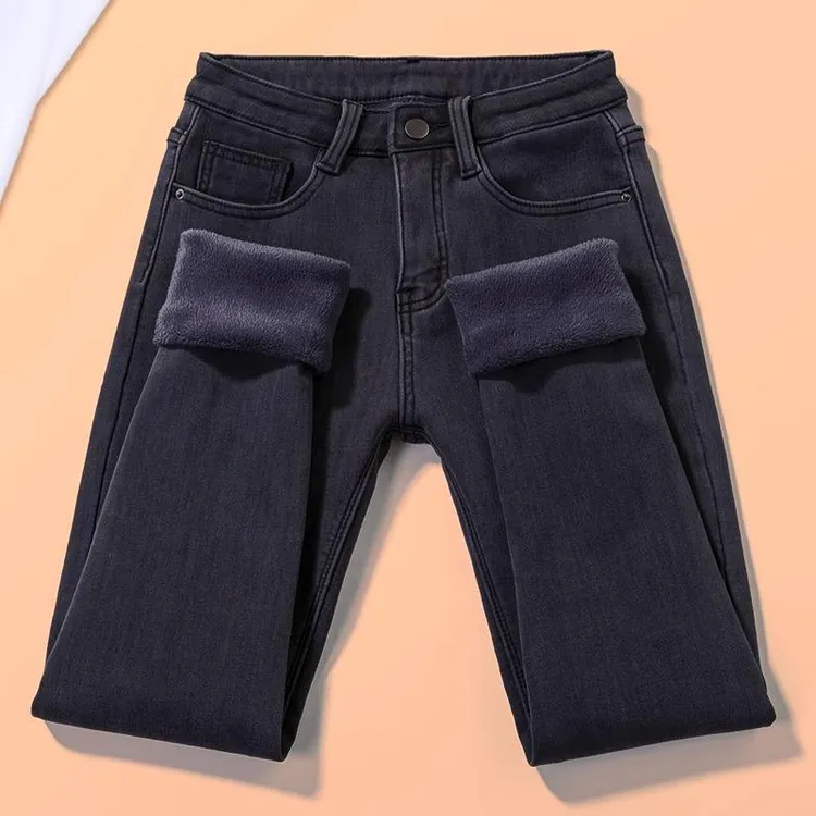 雪千羽黑灰色加绒牛仔裤女弹力加厚紧身小脚裤高腰显瘦修身铅笔裤