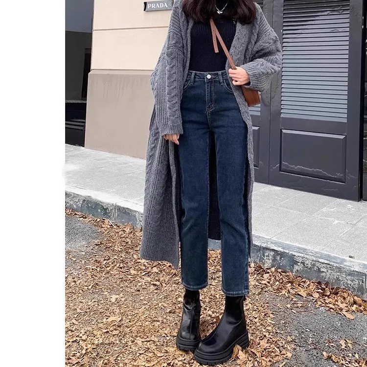 雪千羽加绒法棍裤女秋冬2025年新款小个子窄版直筒九分烟管牛仔裤