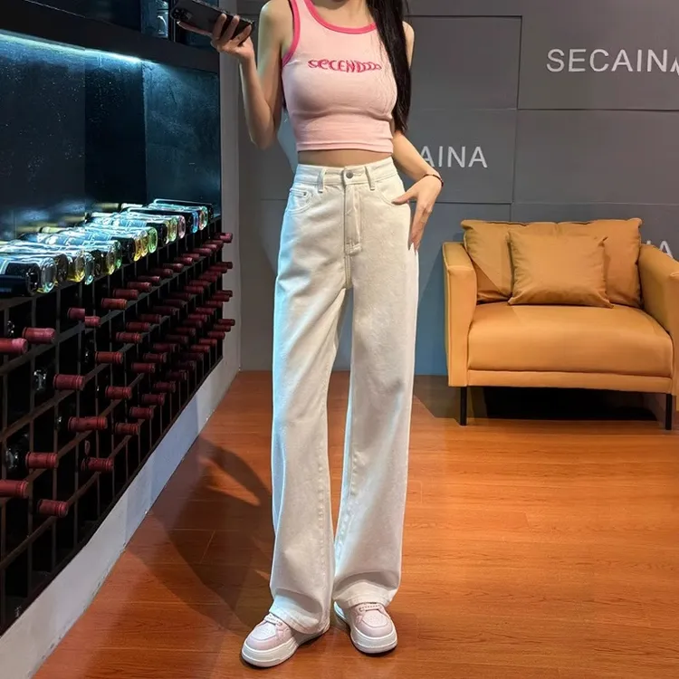 雪千羽2024新款白色牛仔裤女高腰宽松垂感小个子阔腿裤直筒拖地裤