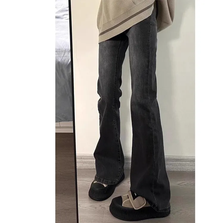 雪千羽黑灰色微喇牛仔裤女加绒2025年秋冬新款高腰弹力马蹄喇叭裤
