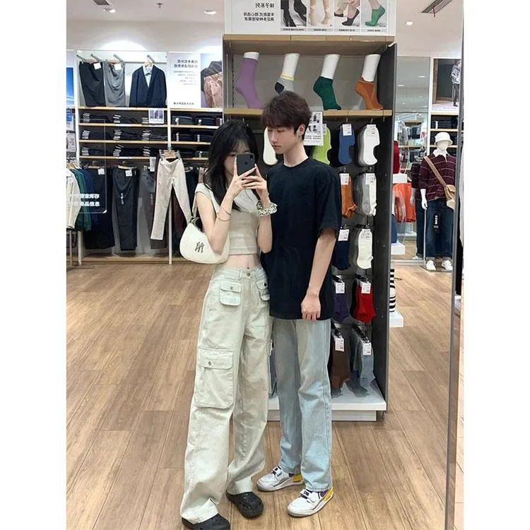 雪千羽美式高街白色工装牛仔裤女秋2025新款爆款小个子直筒阔腿裤