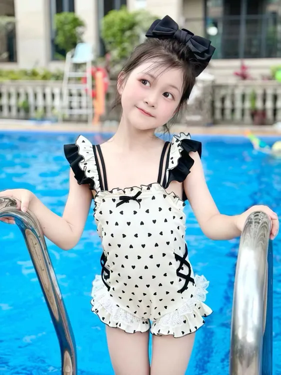 女童连体泳衣儿童夏装2024新款洋气泳装蝴蝶结小桃心甜美速干泳衣